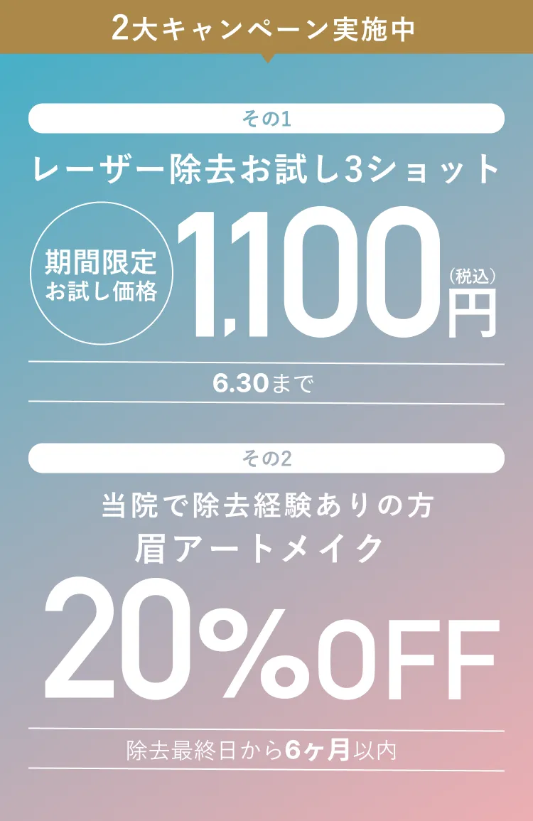 2大キャンペーン実施中　その1 レーザー除去お試し3ショット 期間限定お試し価格1,100(税込）円6.30まで　その2 当院で除去経験ありの方 眉アートメイク20%OFF 除去最終日から6ヶ月以内